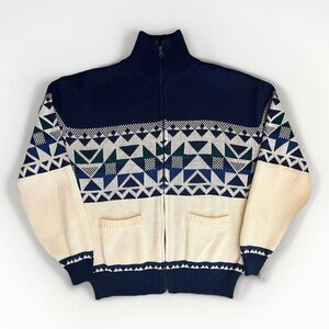 Vintage Mens‎ Cardigan Sweater Blue White Nordic Haband Full Zip Size L Grandpa
